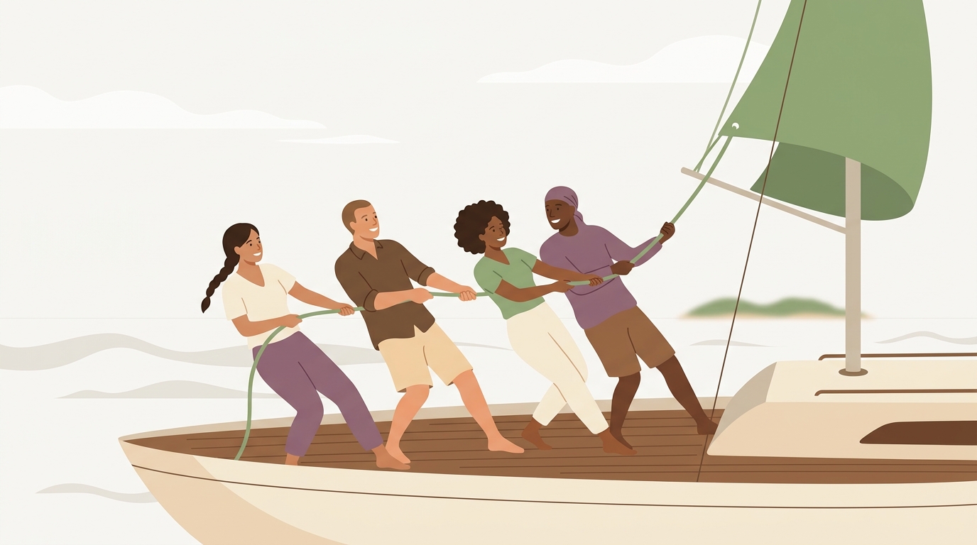 Illustration — the crew helping each other