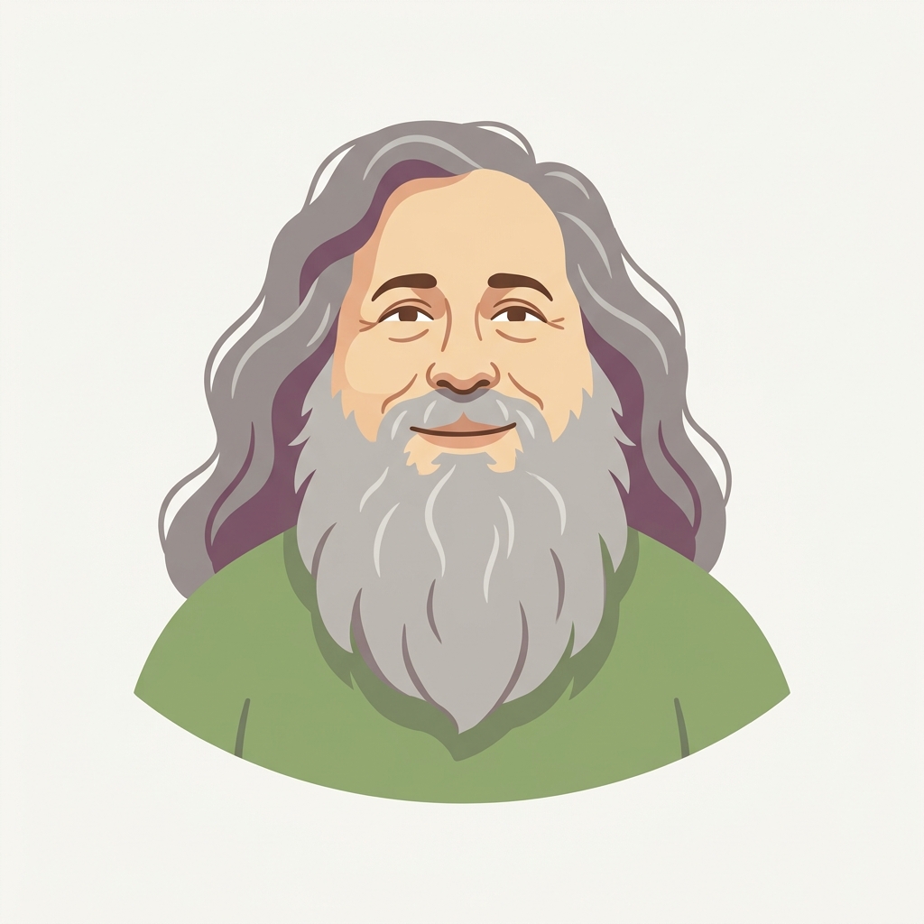Friendly portrait of a smiling long-bearded character