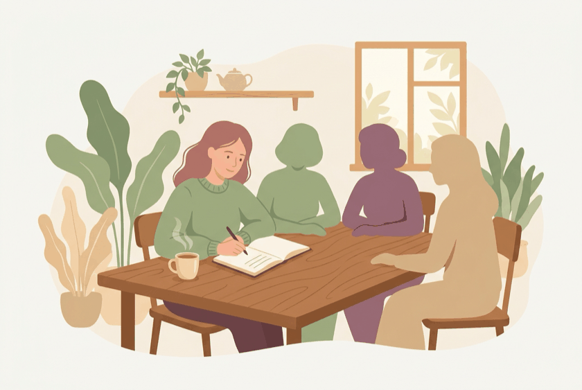A person peacefully writing in a journal at a kitchen table, surrounded by a few caring silhouettes