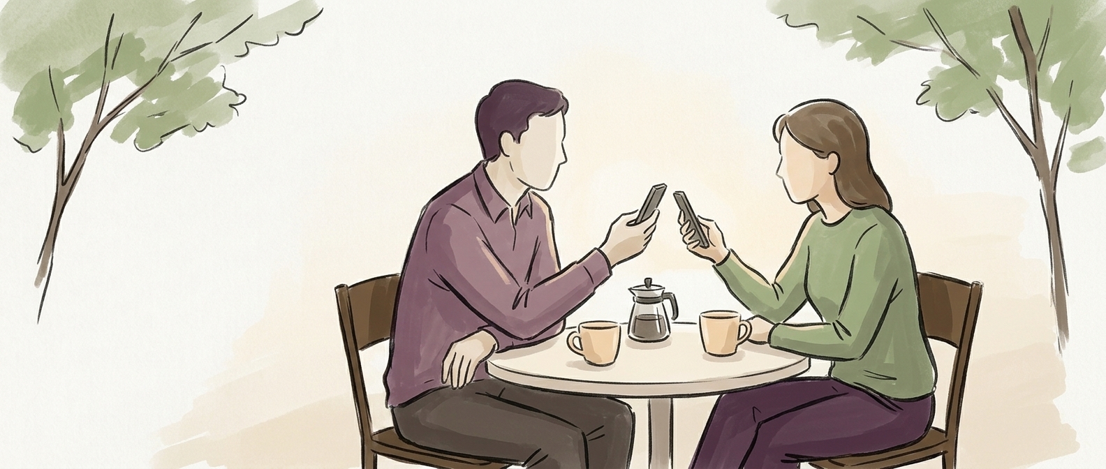 Hai người ở bàn cà phê, một người quét mã QR của người kia