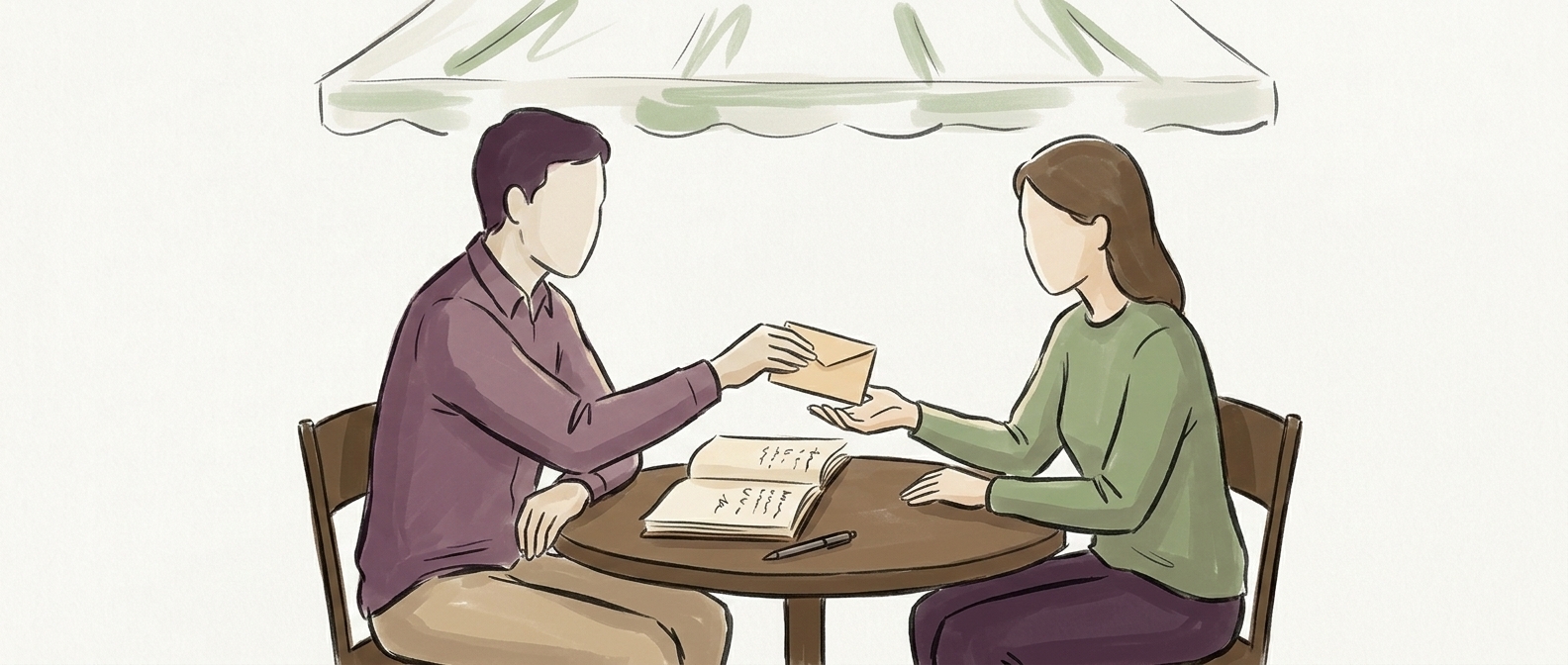 Tiền được trao trực tiếp từ tay này sang tay kia, phía trên cuốn nhật ký đang mở — Offinity chỉ là nơi chốn