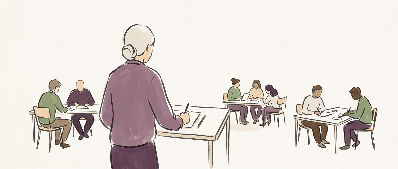 A shared workshop where several small groups each work at their own table, without mixing